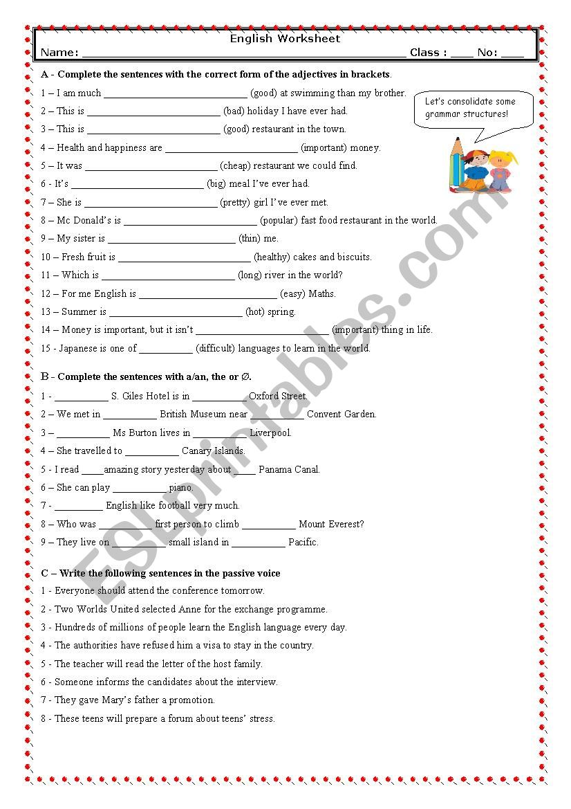 Degrees of adjectives + articles + passive (With Key)