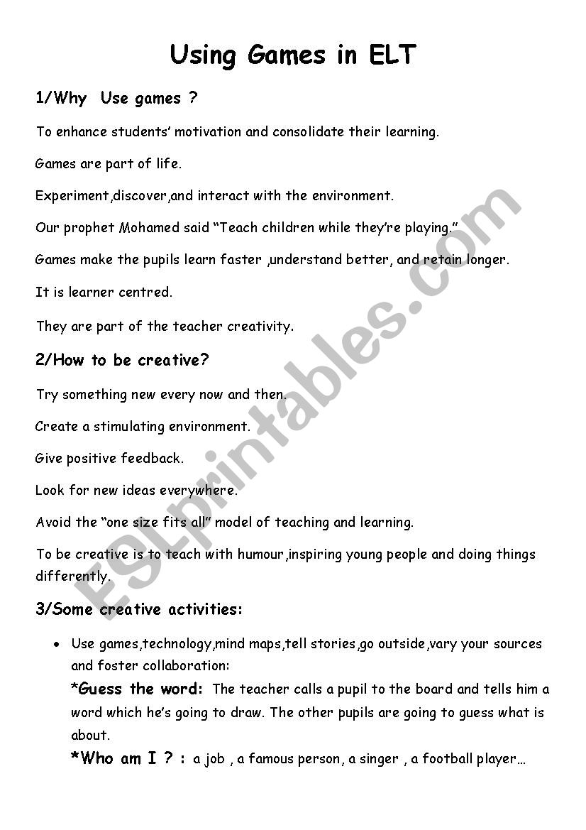 using games in teaching worksheet