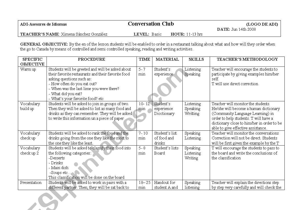  Ordering in a restorant worksheet