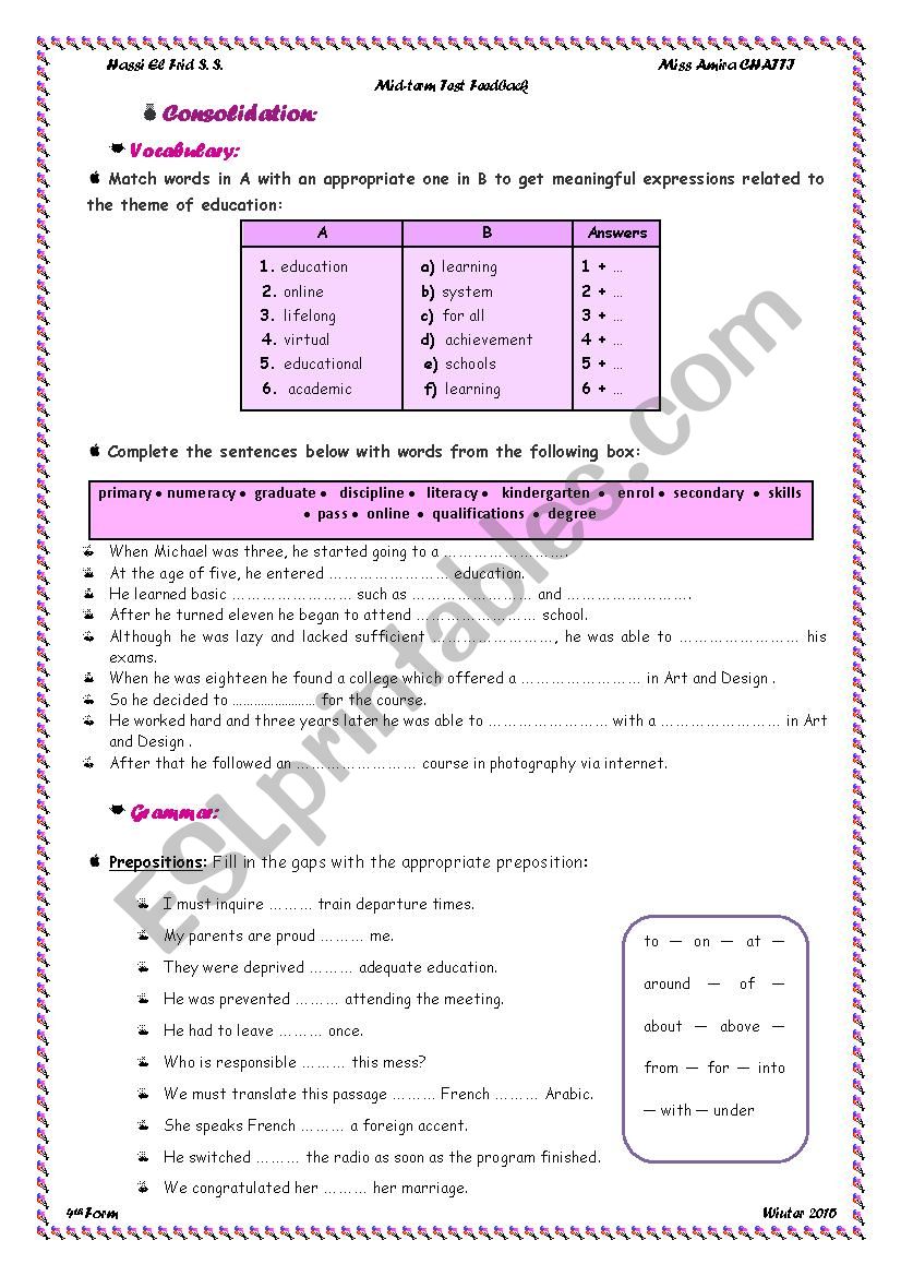 Test Correction worksheet