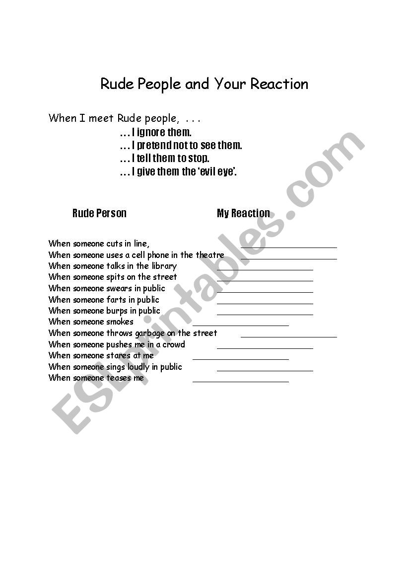 Rude People and Your Reaction worksheet