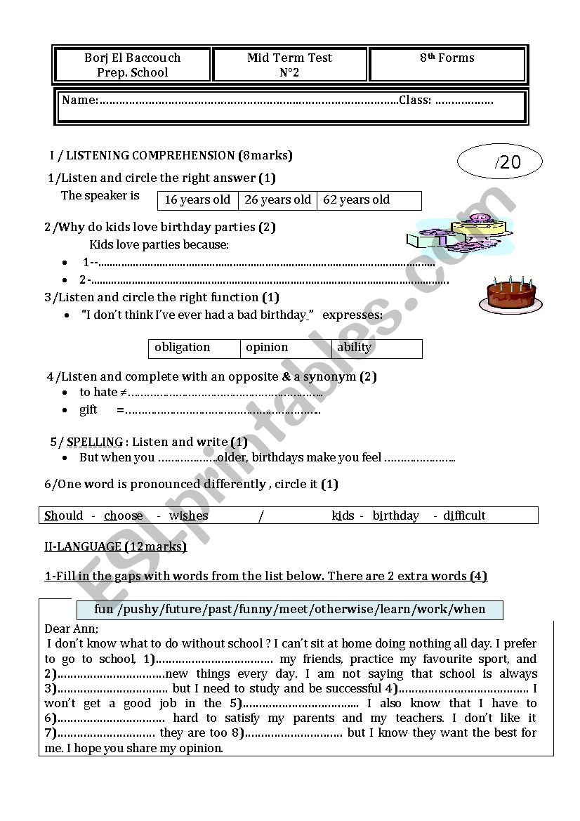 8th forms Mid Term Test 2 worksheet