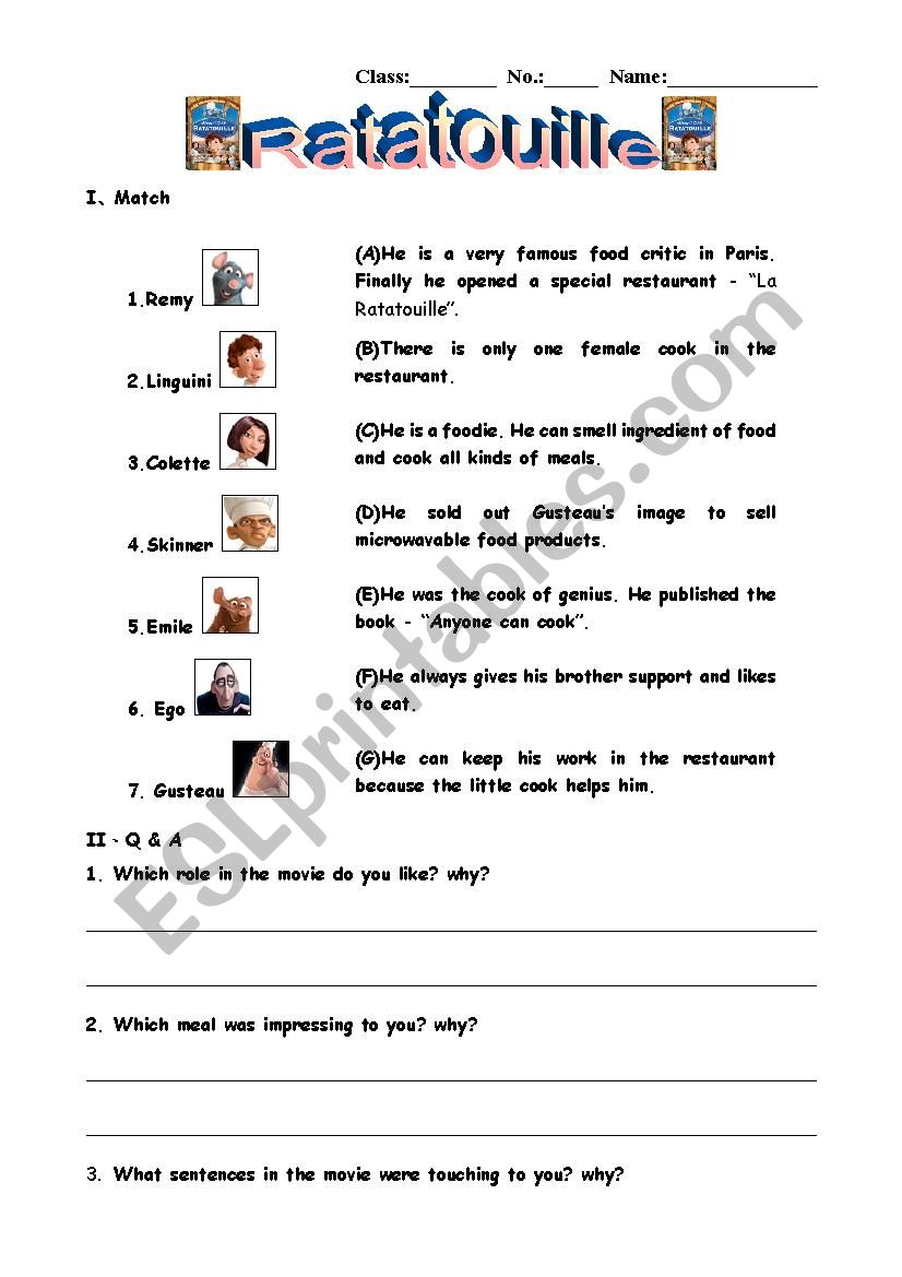 Ratatouille worksheet