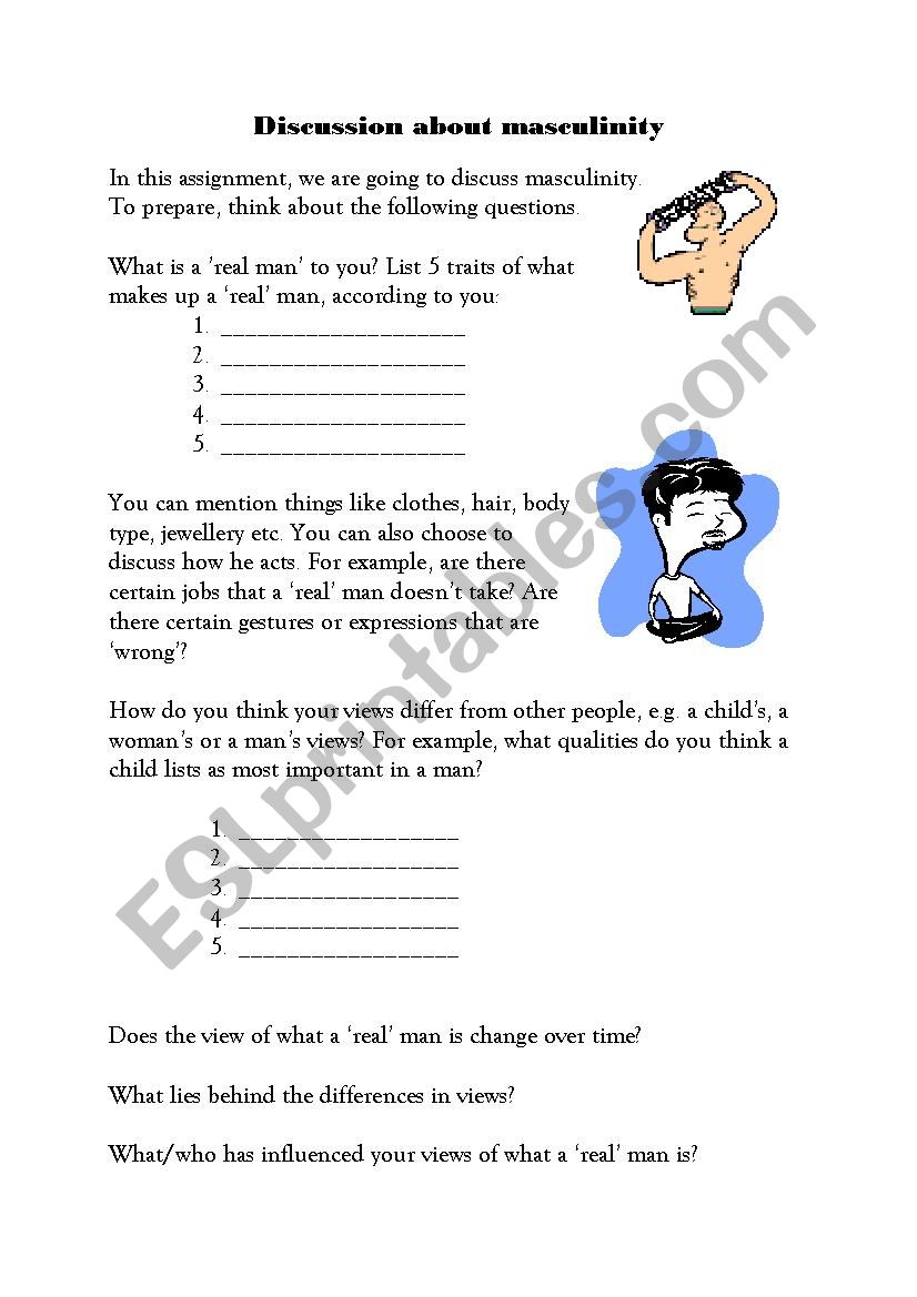 Discussion about masculinity worksheet