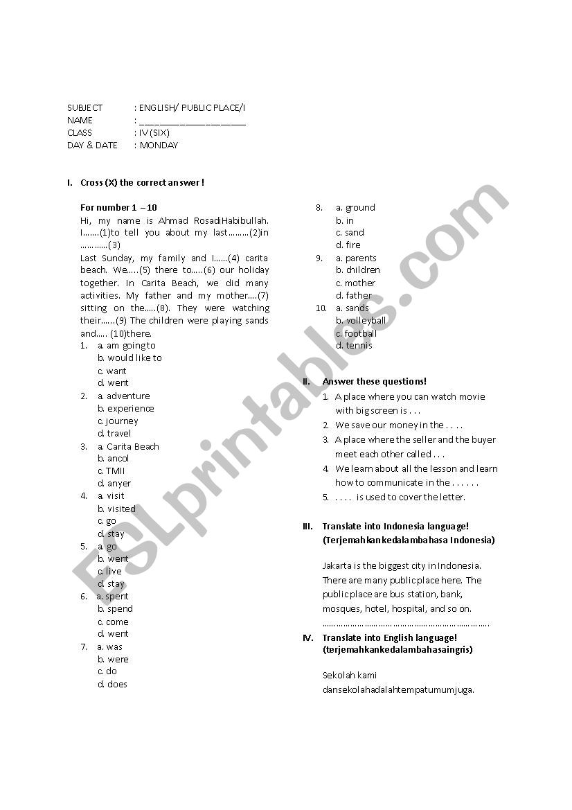 Public Place worksheet