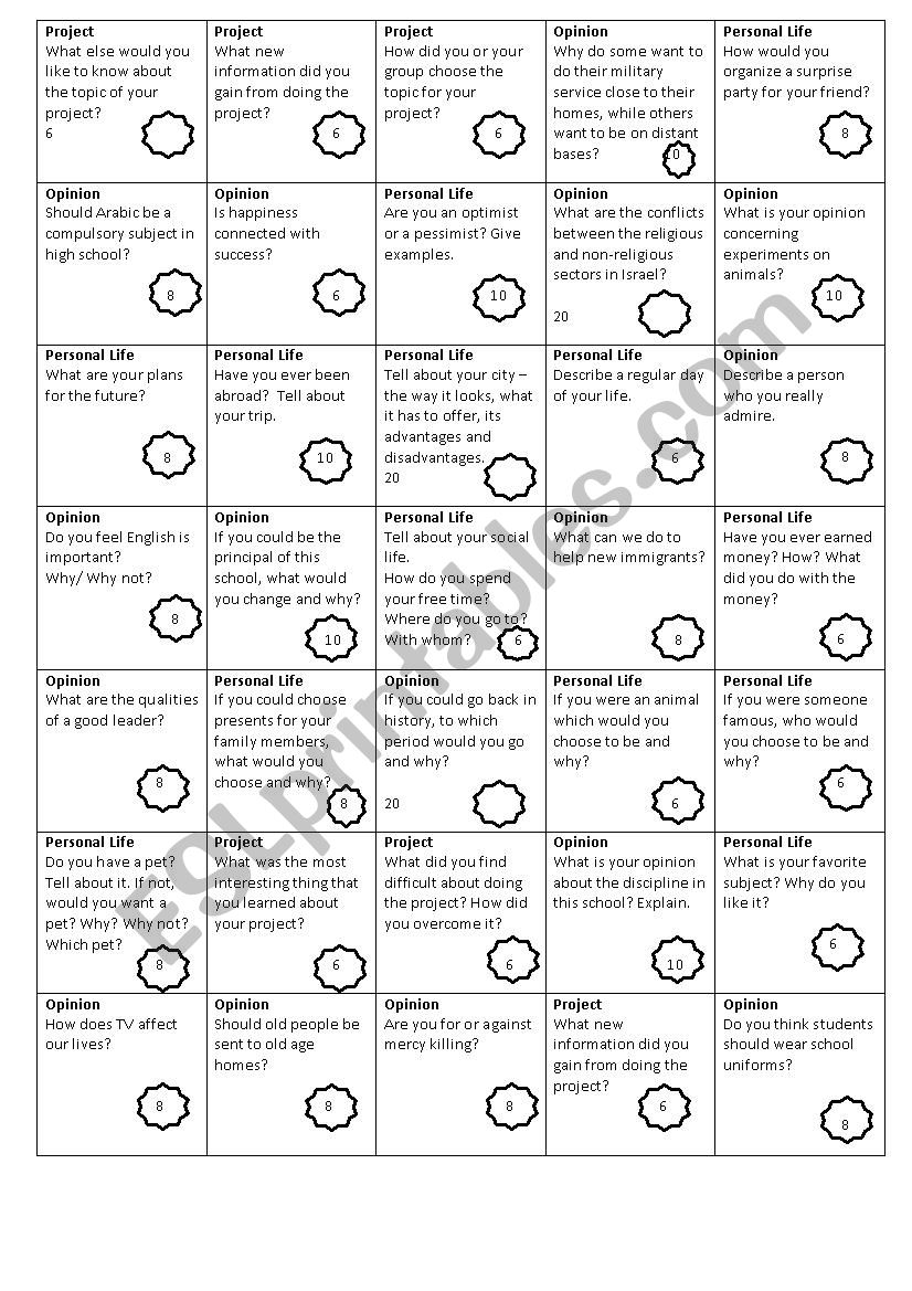 Speaking Game worksheet