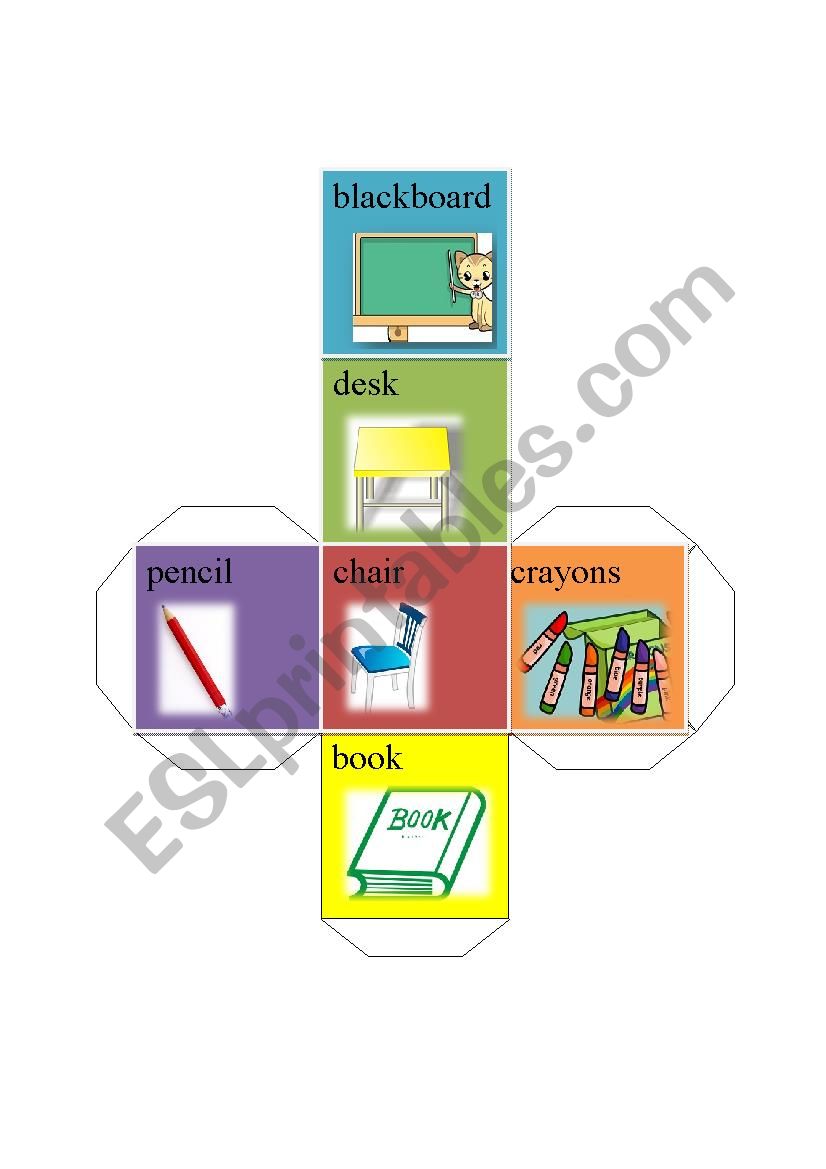 classroom stationary dice-blackboard desk chair book pencil crayons