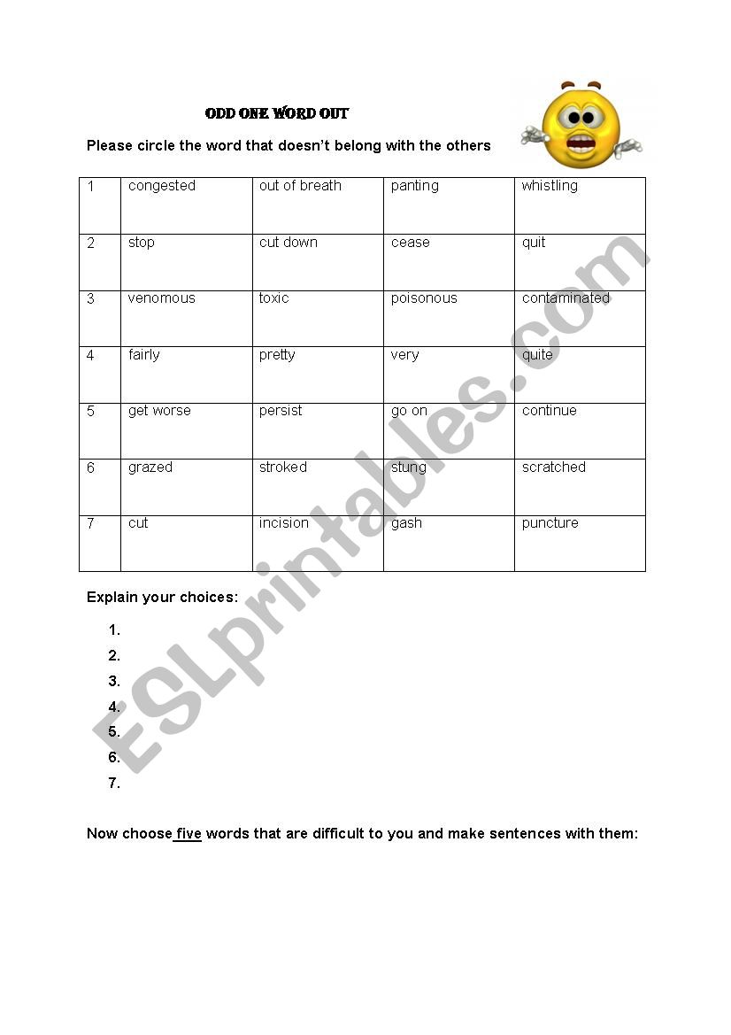 Ailments - odd one out worksheet