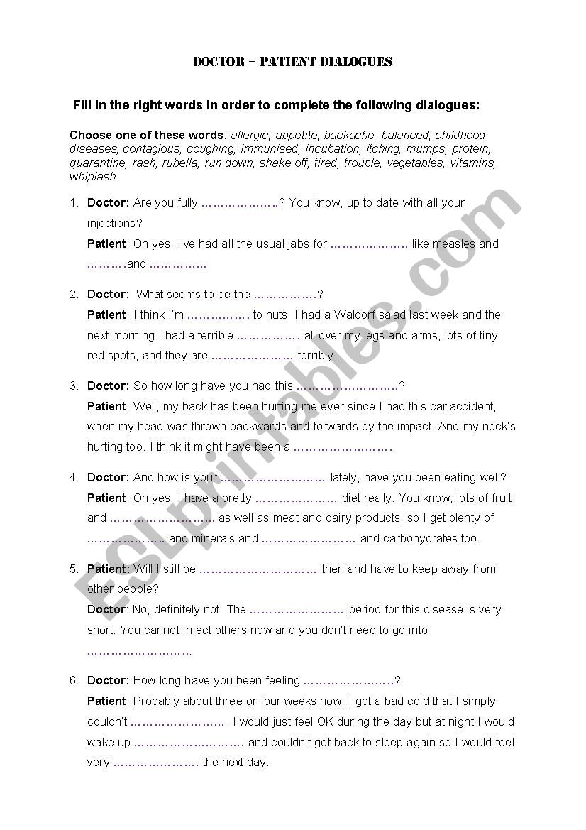 Doctor -patient dialogues worksheet