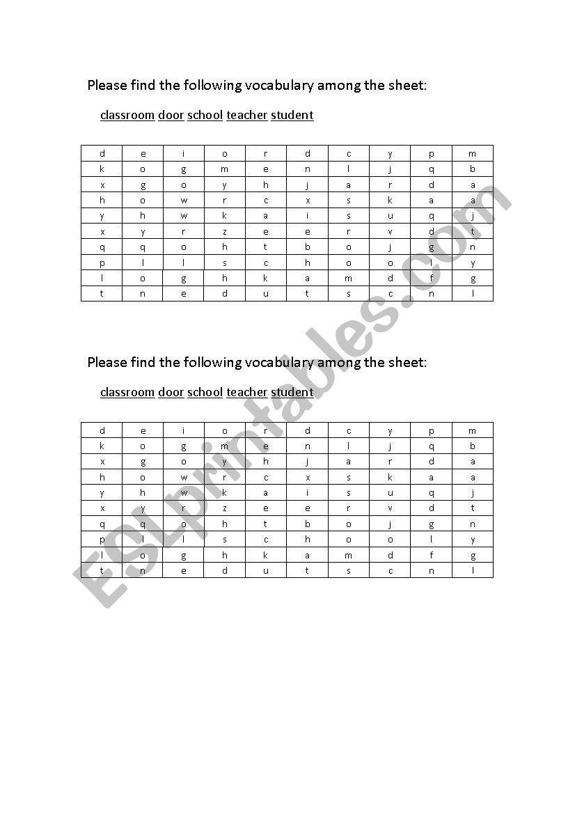 classroom wordsearch---teacher/student/classroom/school/door