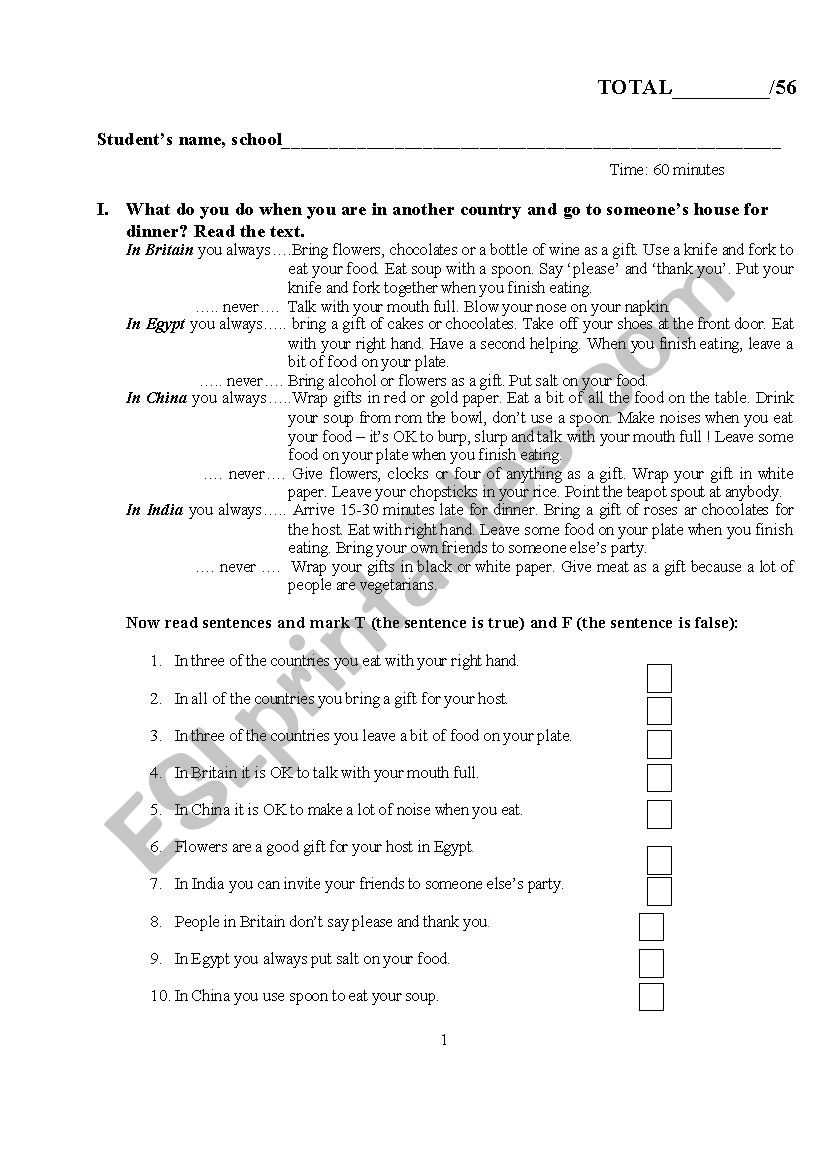 Reading test worksheet