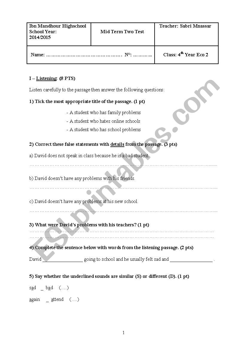 Mid term two test for bac students