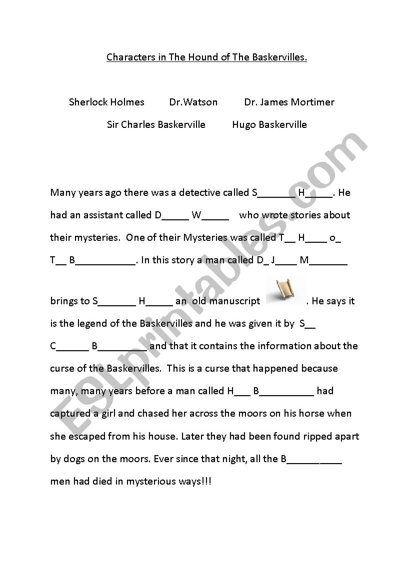Characters in Sherlock Holmes Â´The Hound of The BaskervillesÂ´ -cloze activity worksheet