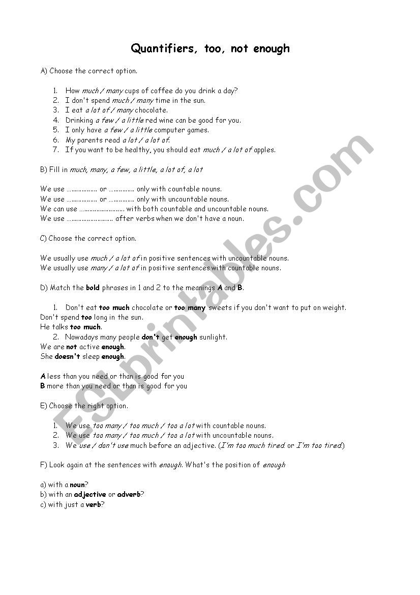 Quantifiers, too, enough worksheet