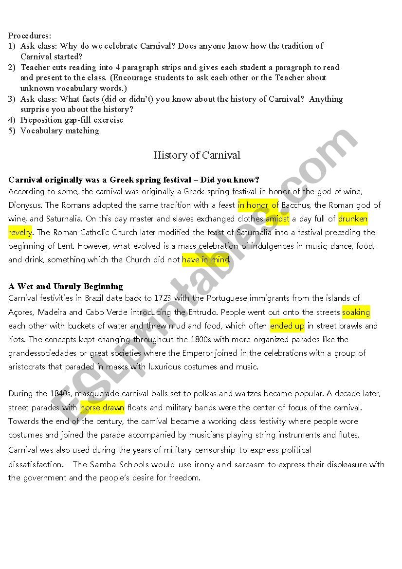 History of Carnival worksheet