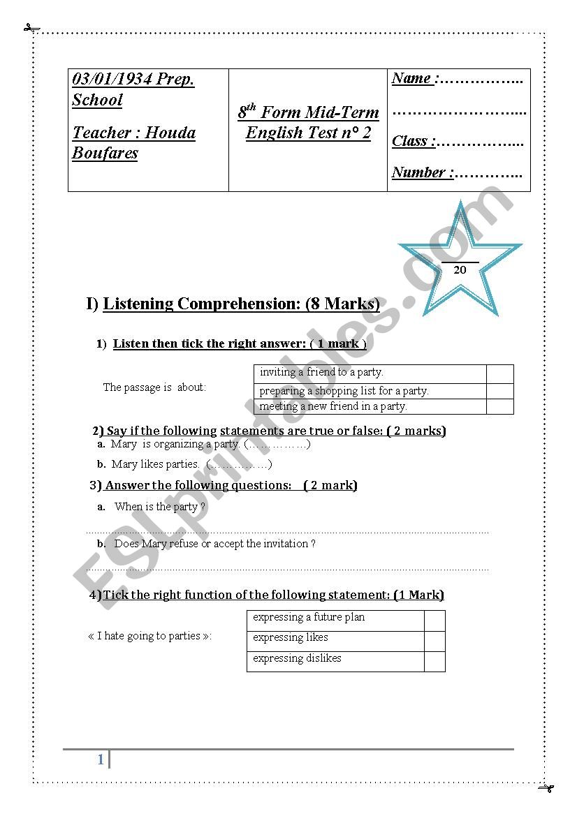 8th form mid term test n 2  worksheet