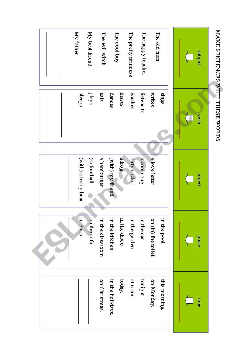 sentence building machine worksheet