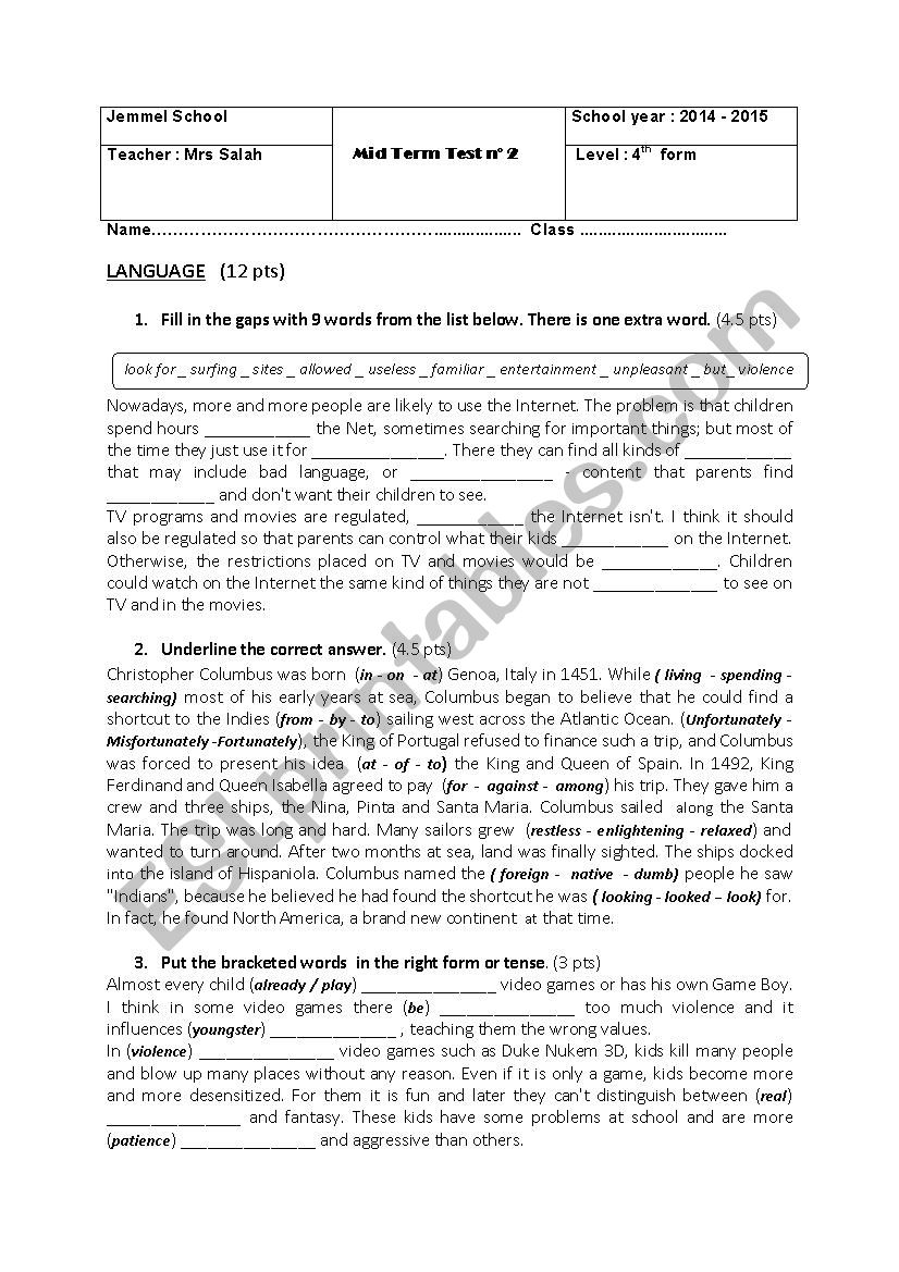Mid term test n 2 4th form worksheet