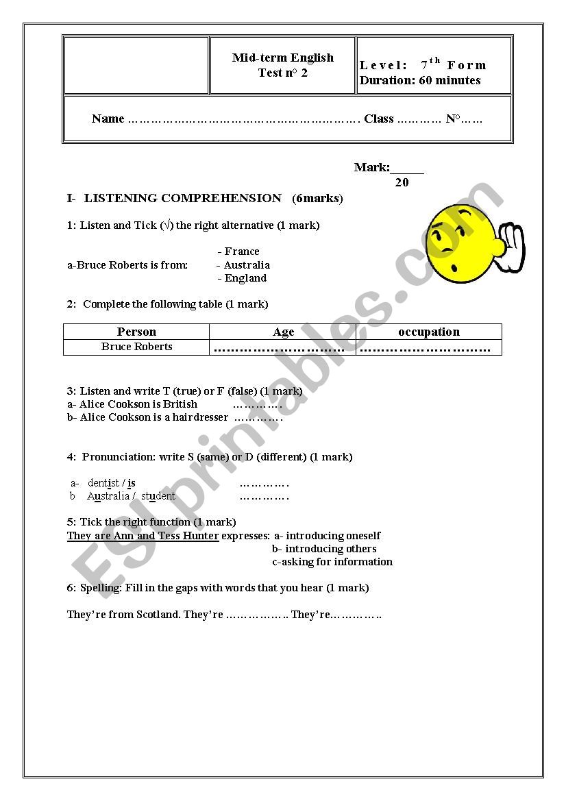 mid-term test 2 7th form  worksheet