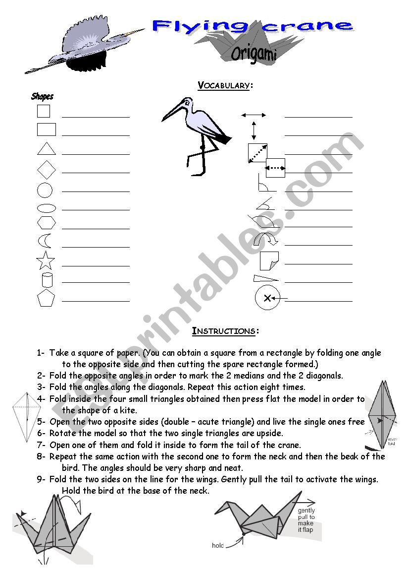 Flying Crane Origami - ESL worksheet by patber