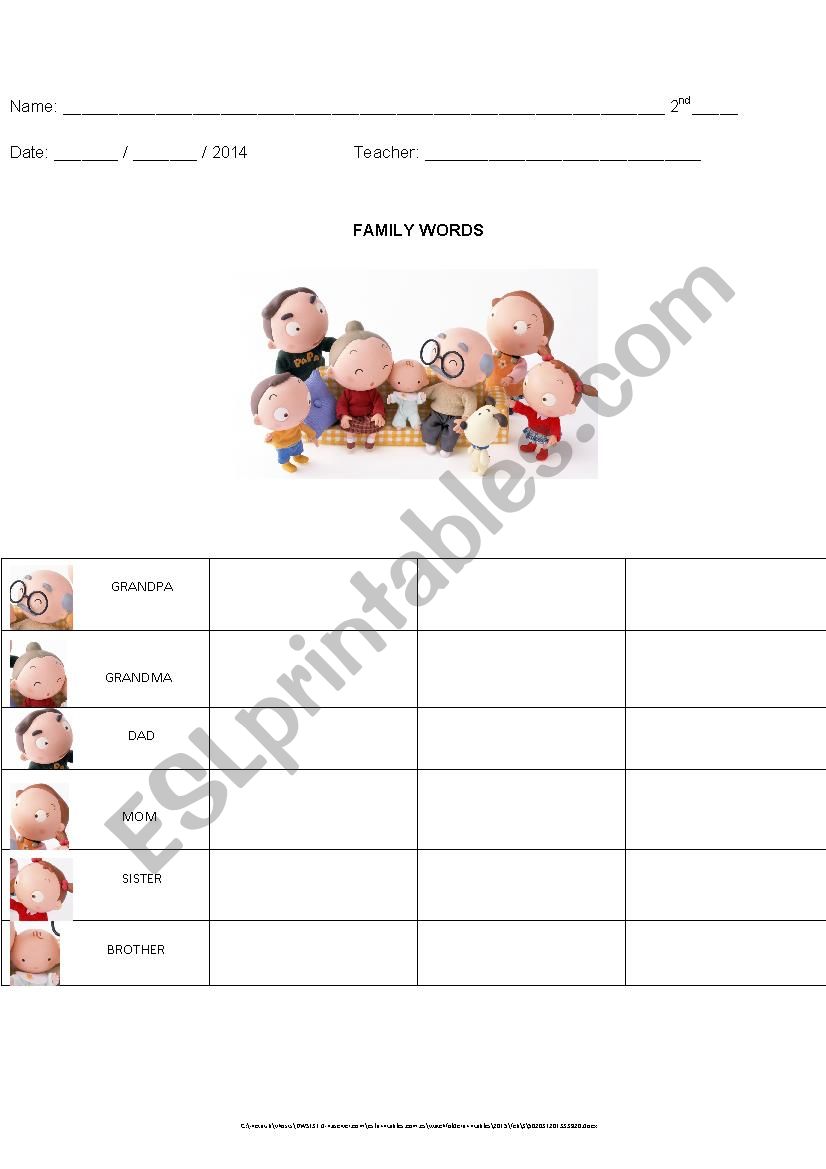 Family words worksheet