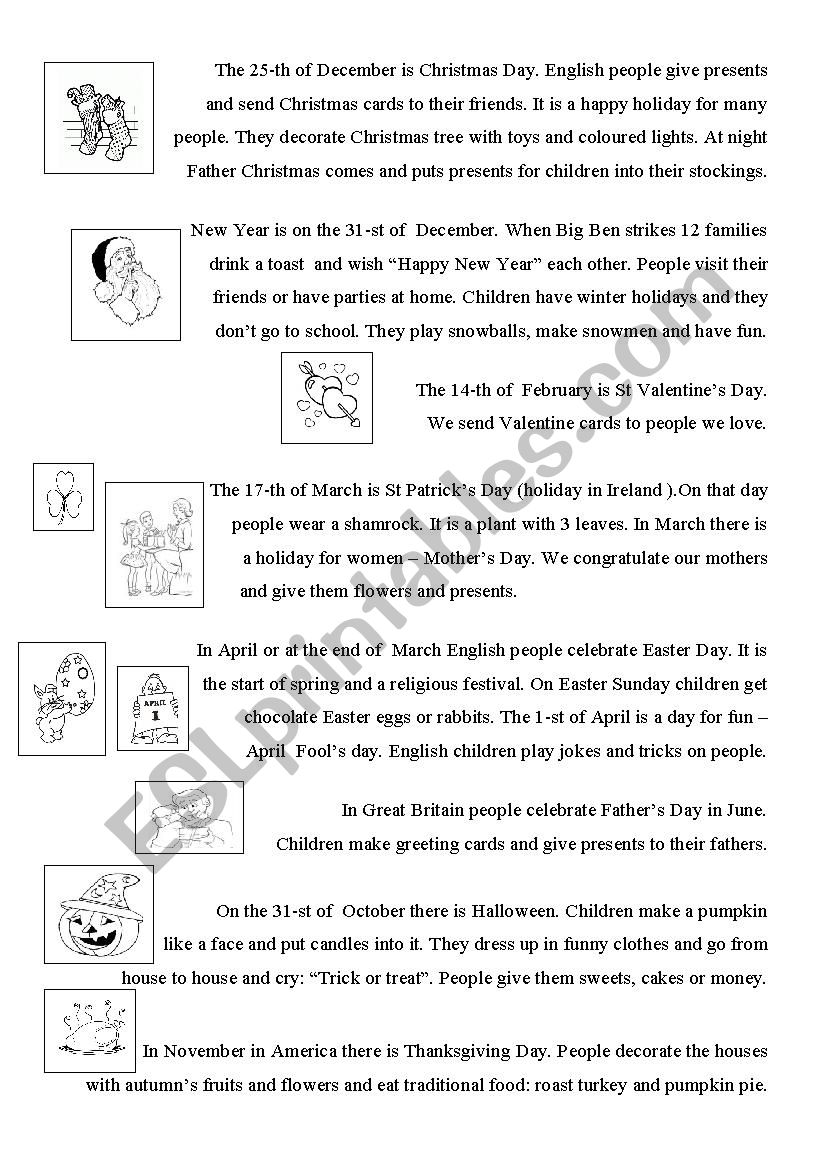 Holidays worksheet