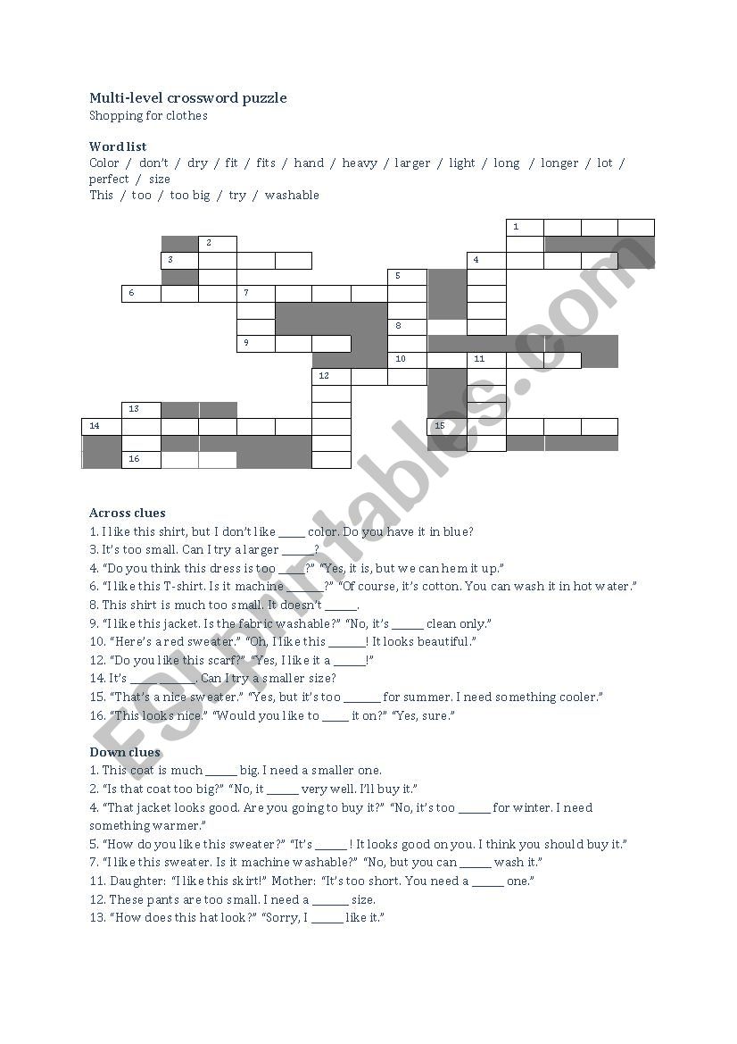 crossword puzzle - clothes worksheet