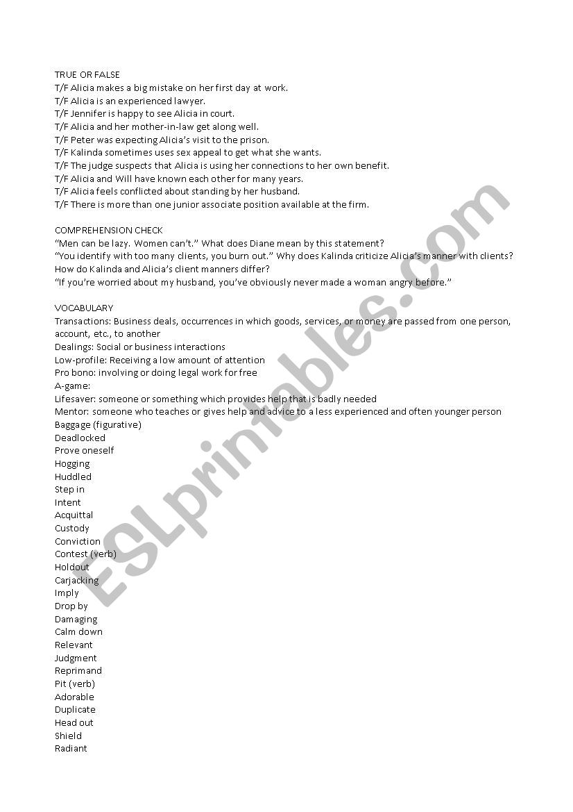 The Good Wife Pilot Episode Worksheet
