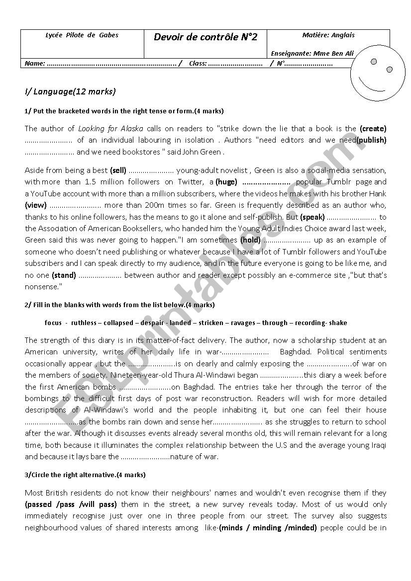 1st Form Mid term test2 worksheet