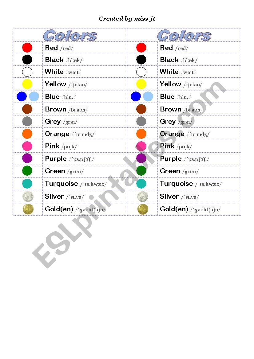 COLORS table  worksheet