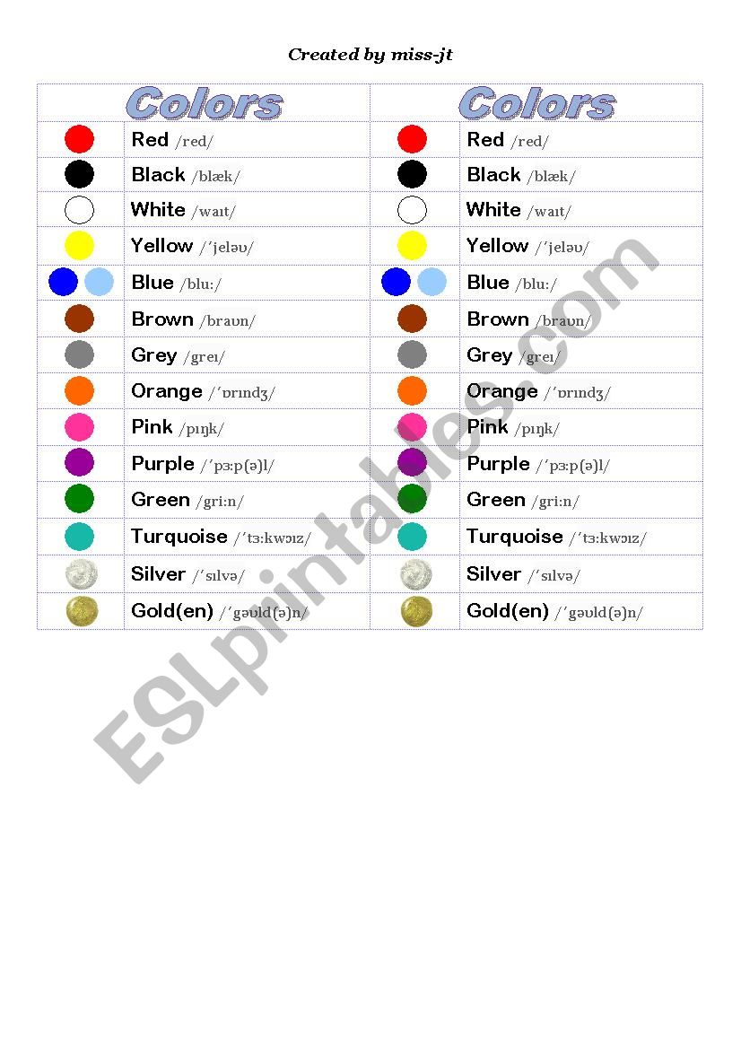 COLORS table  worksheet