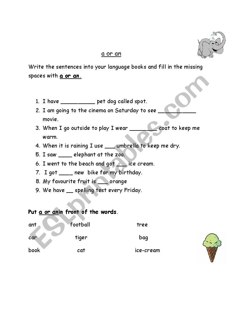 a or an  worksheet
