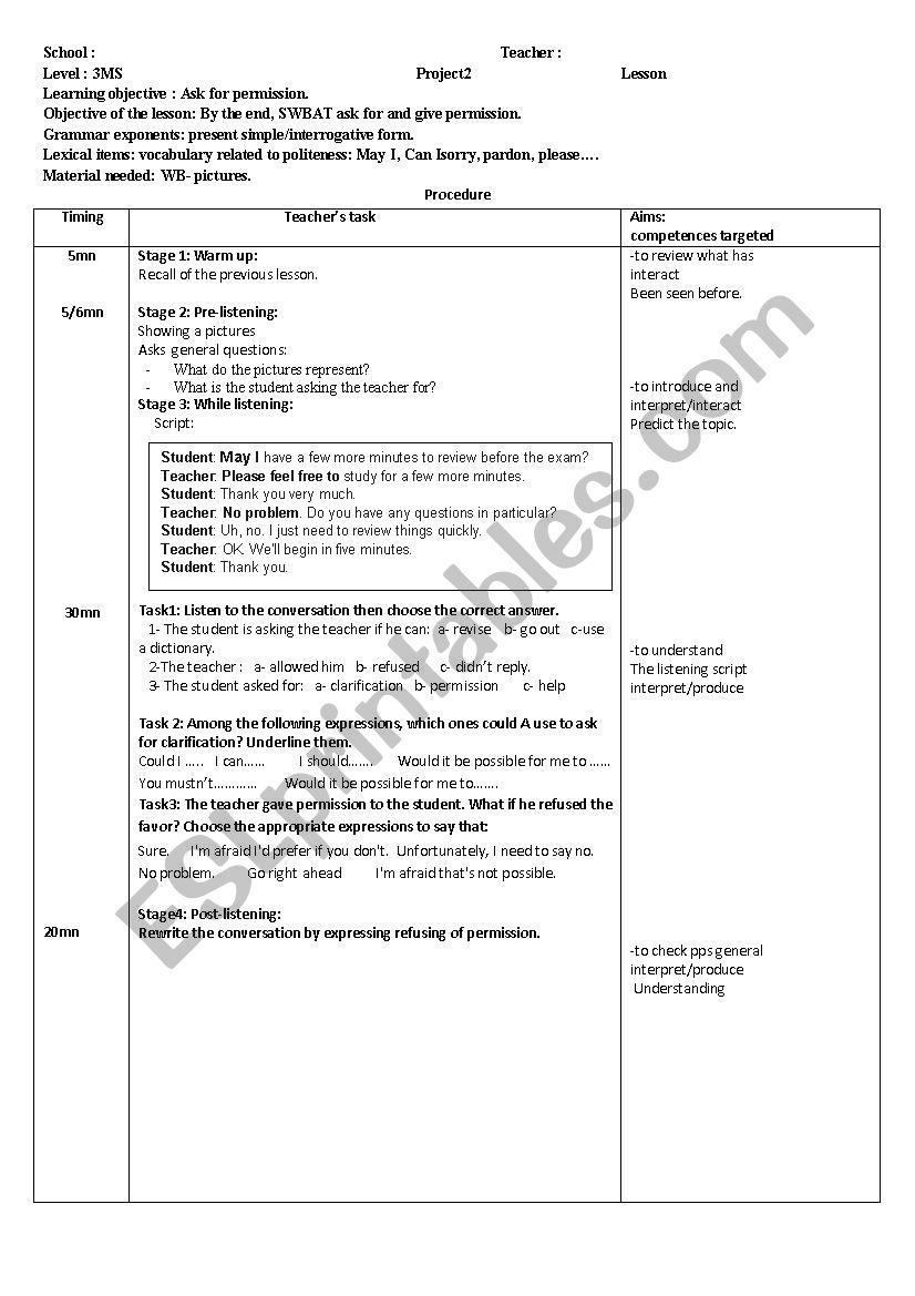 ask for  and give permission worksheet