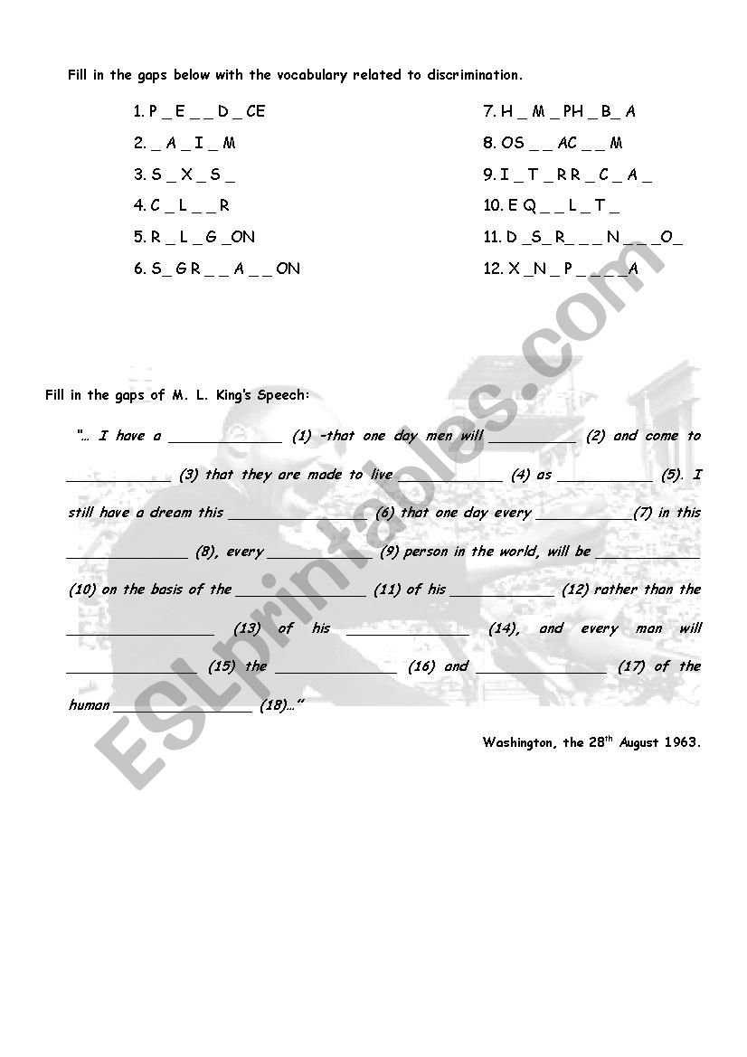 MLK speech worksheet