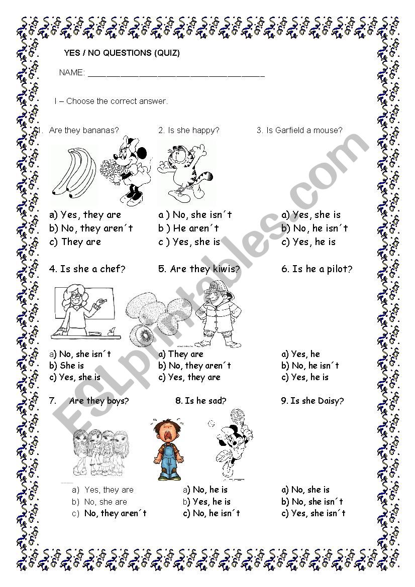 YES NO QUESTIONS QUIZ worksheet