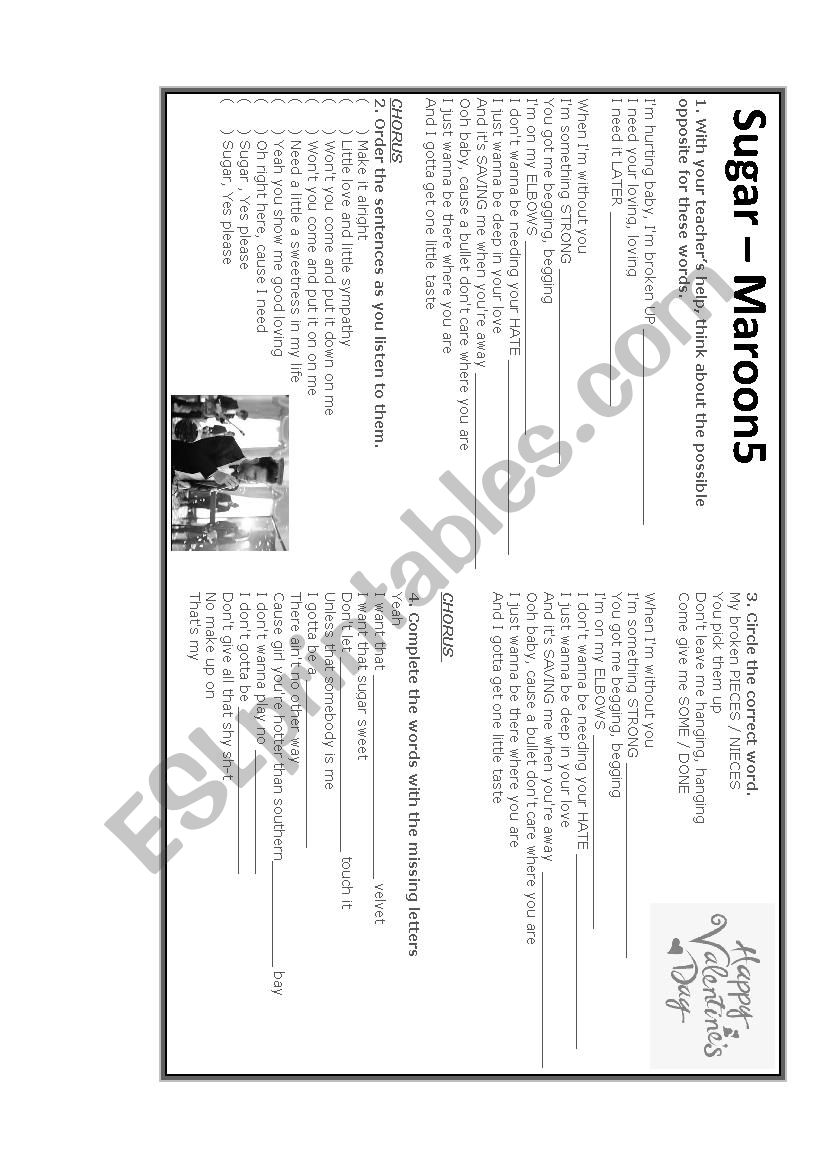 Valentines day song  sugar worksheet