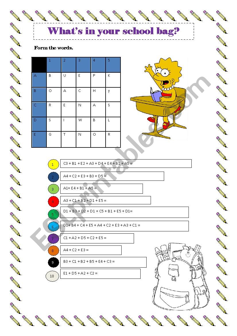 Whats in your school bag worksheet