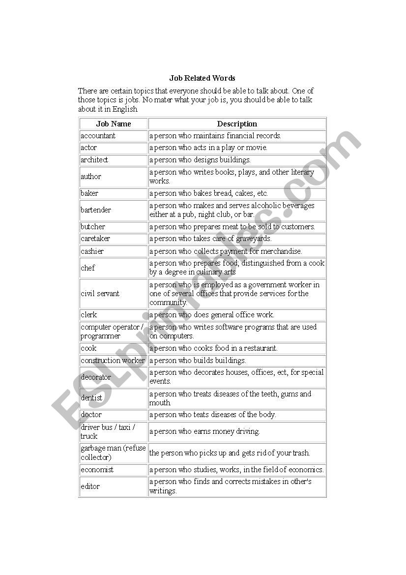Job related words worksheet