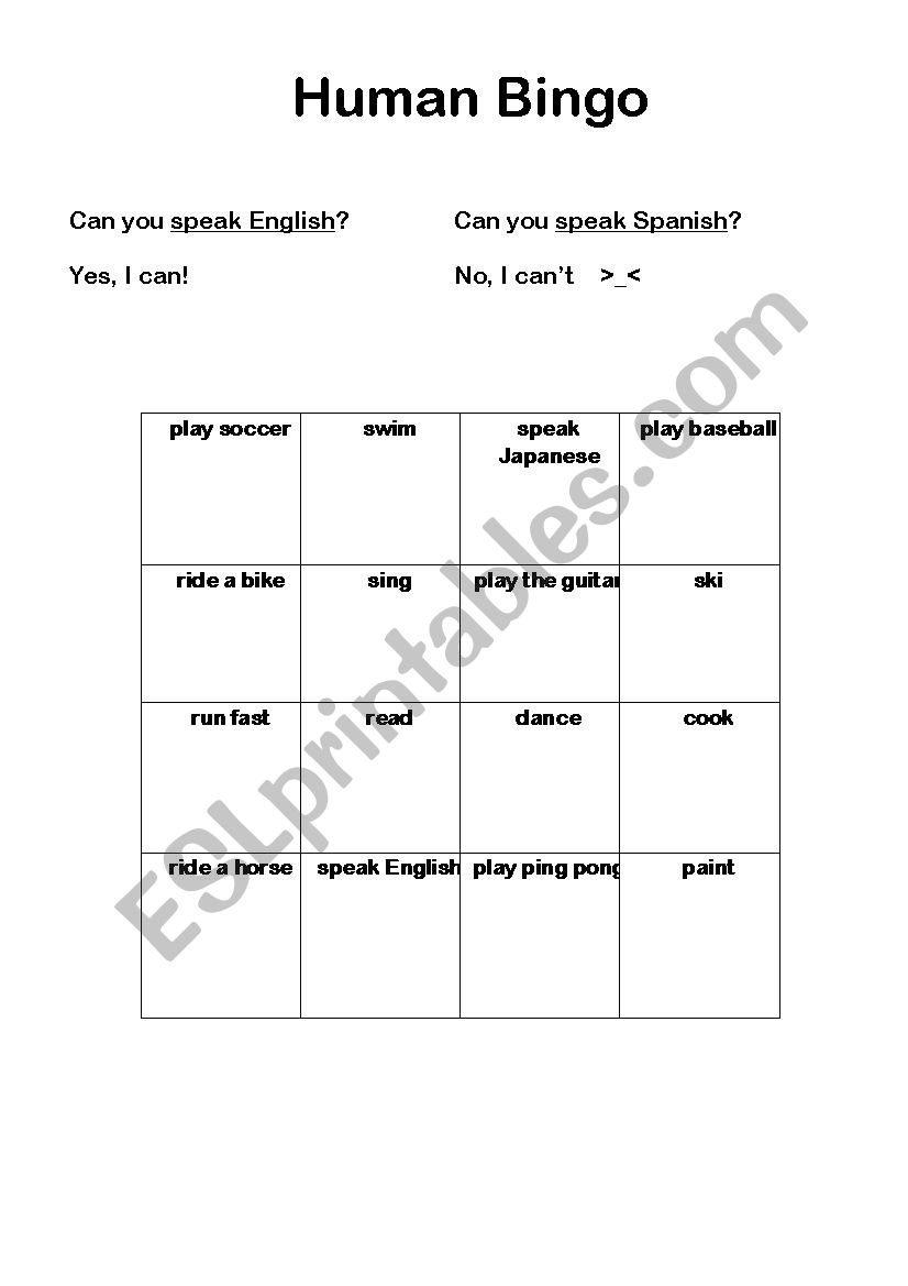 Can you ~ ? Human Bingo worksheet