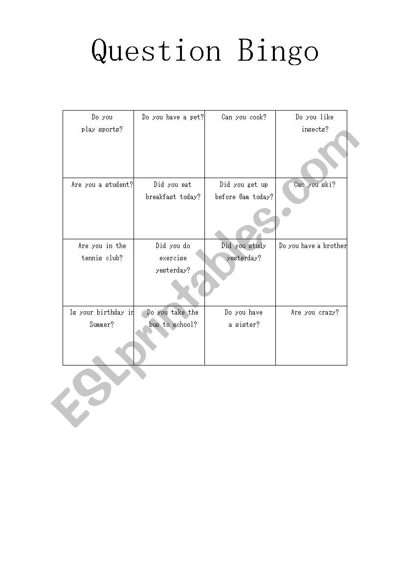 Human Bingo - easy questions worksheet