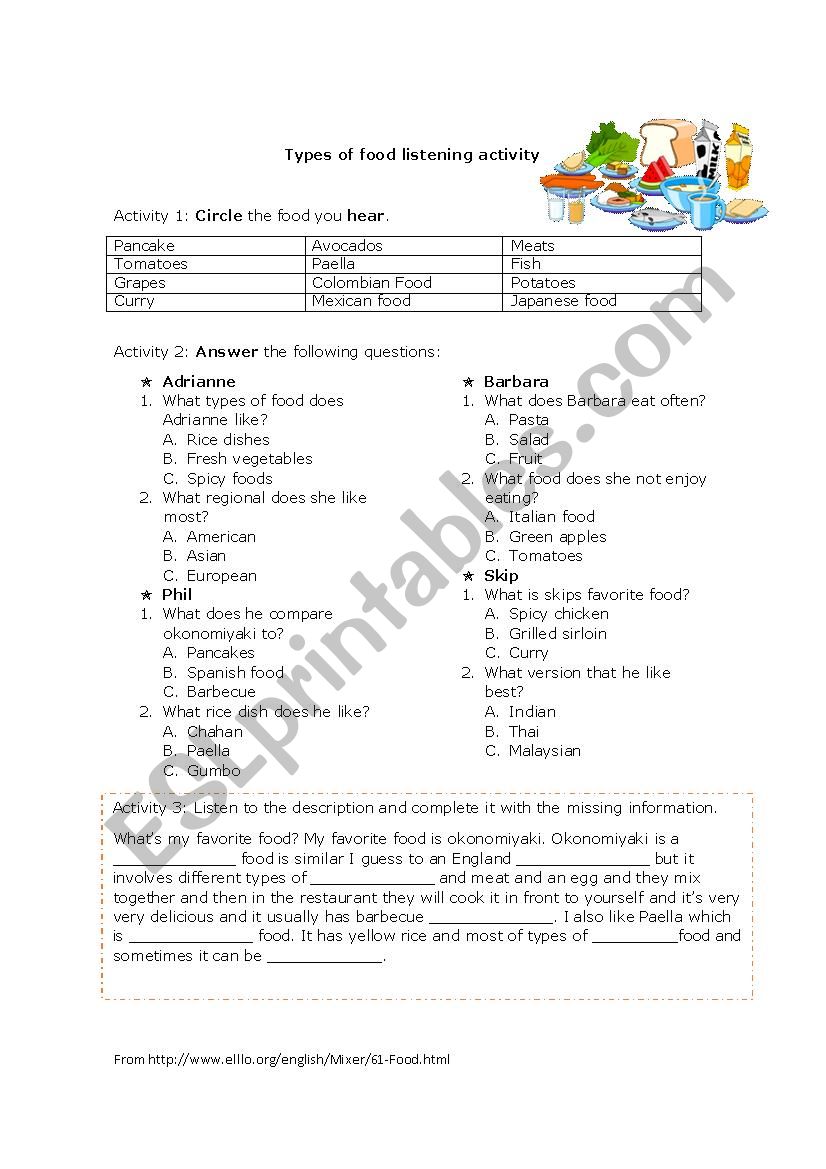 Types of Food  worksheet