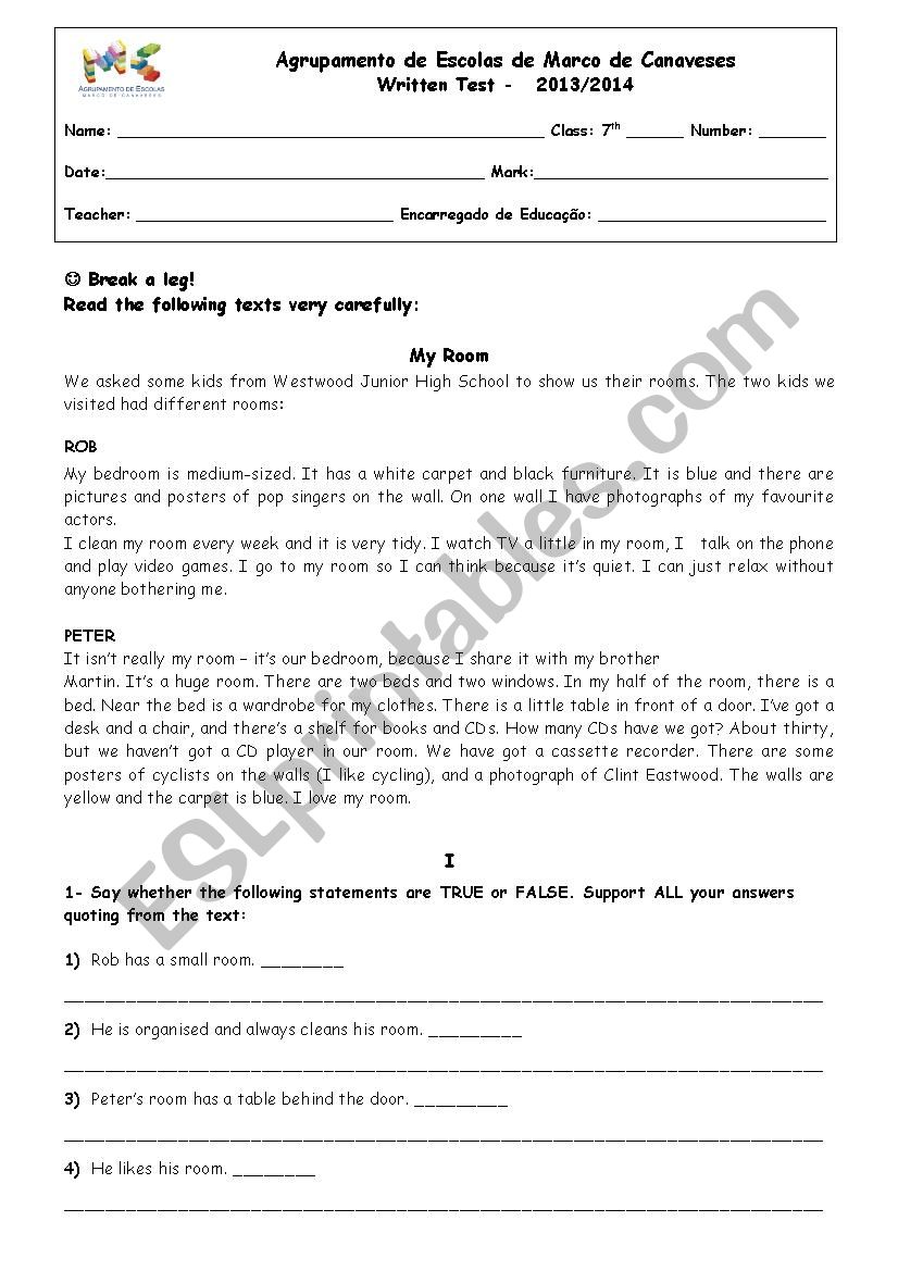 Test House - 7th Grade worksheet