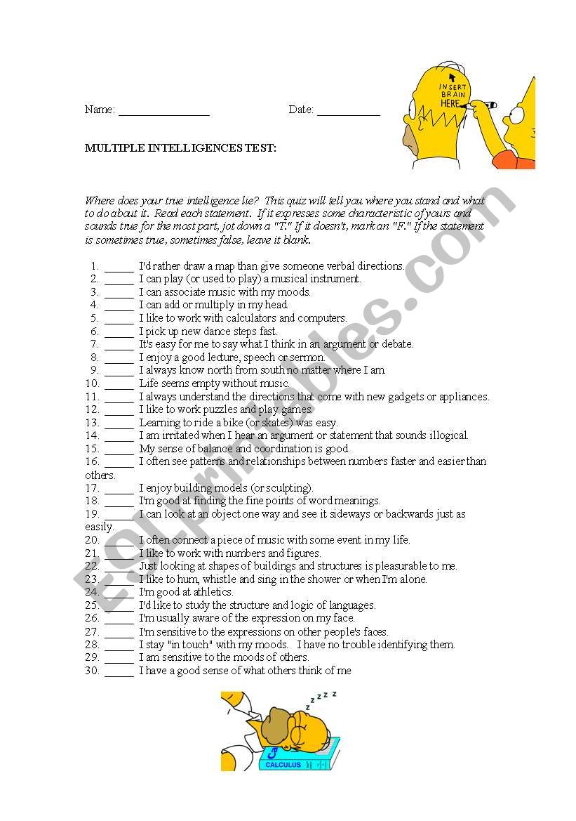 Multiple Intelligence Surve worksheet