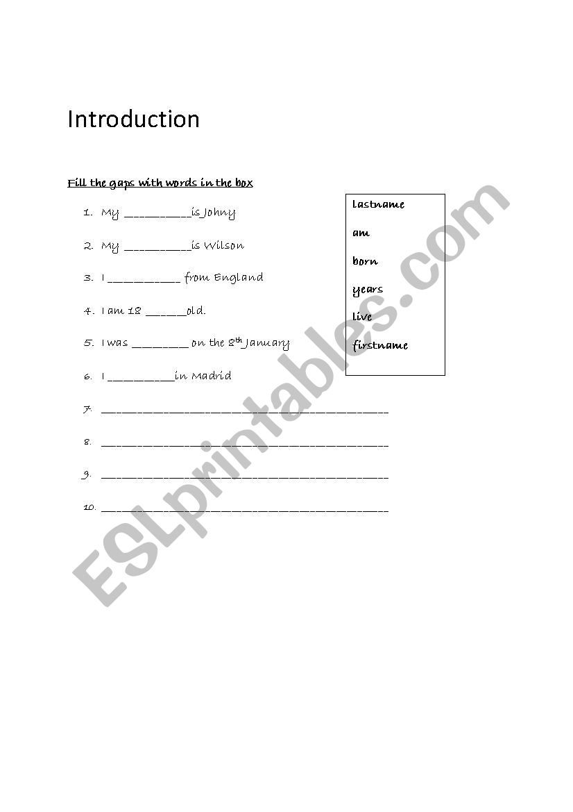 About myself worksheet