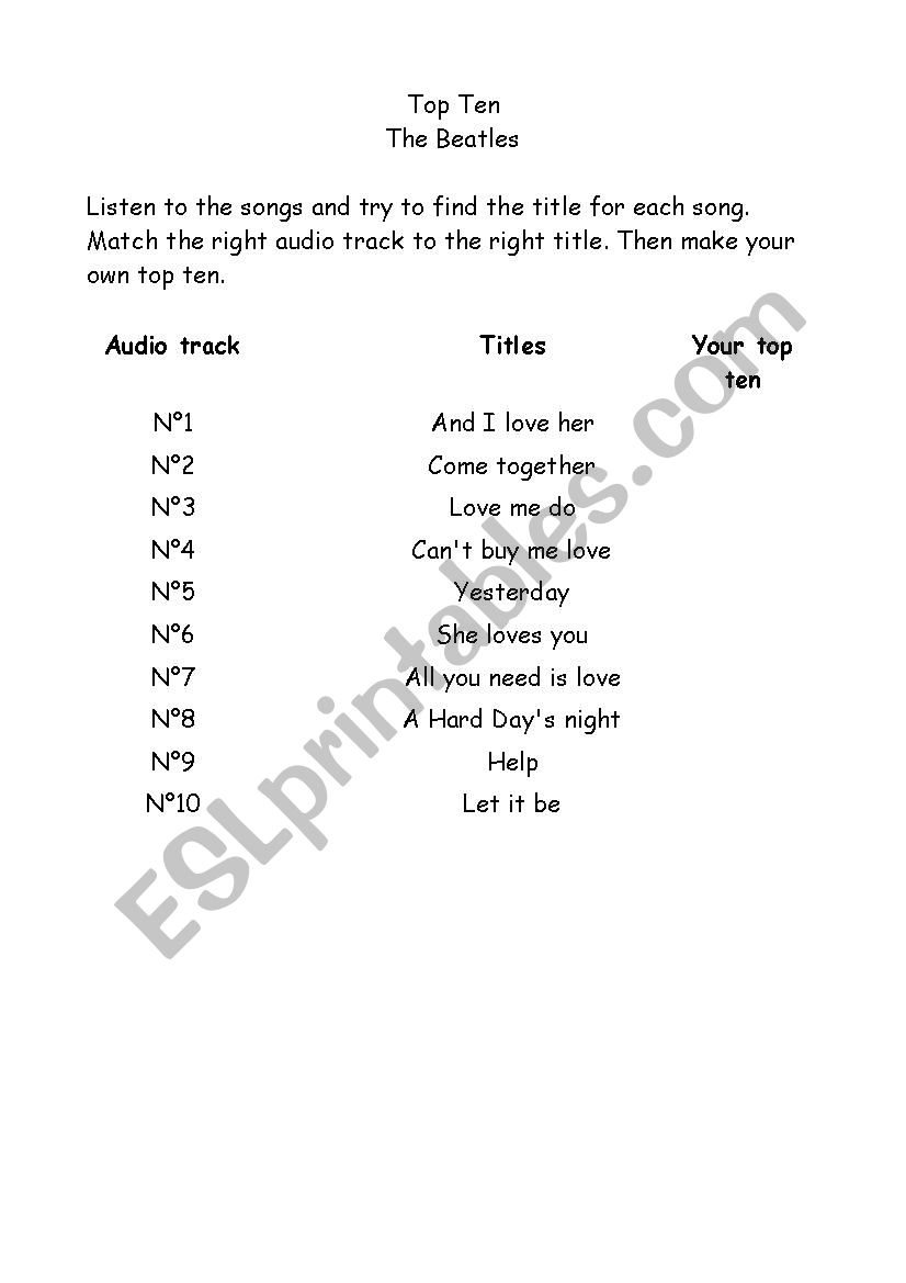 Hit Parade The Beatles worksheet