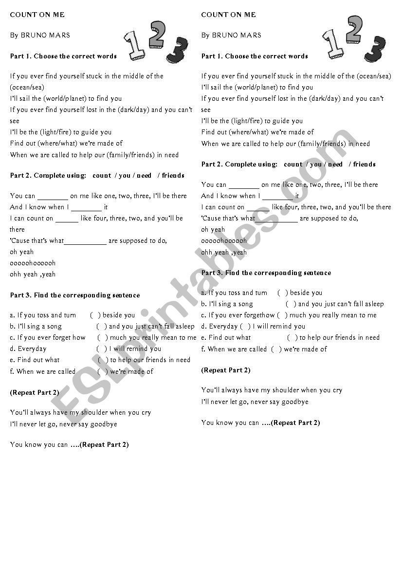 count on me - Bruno Mars worksheet