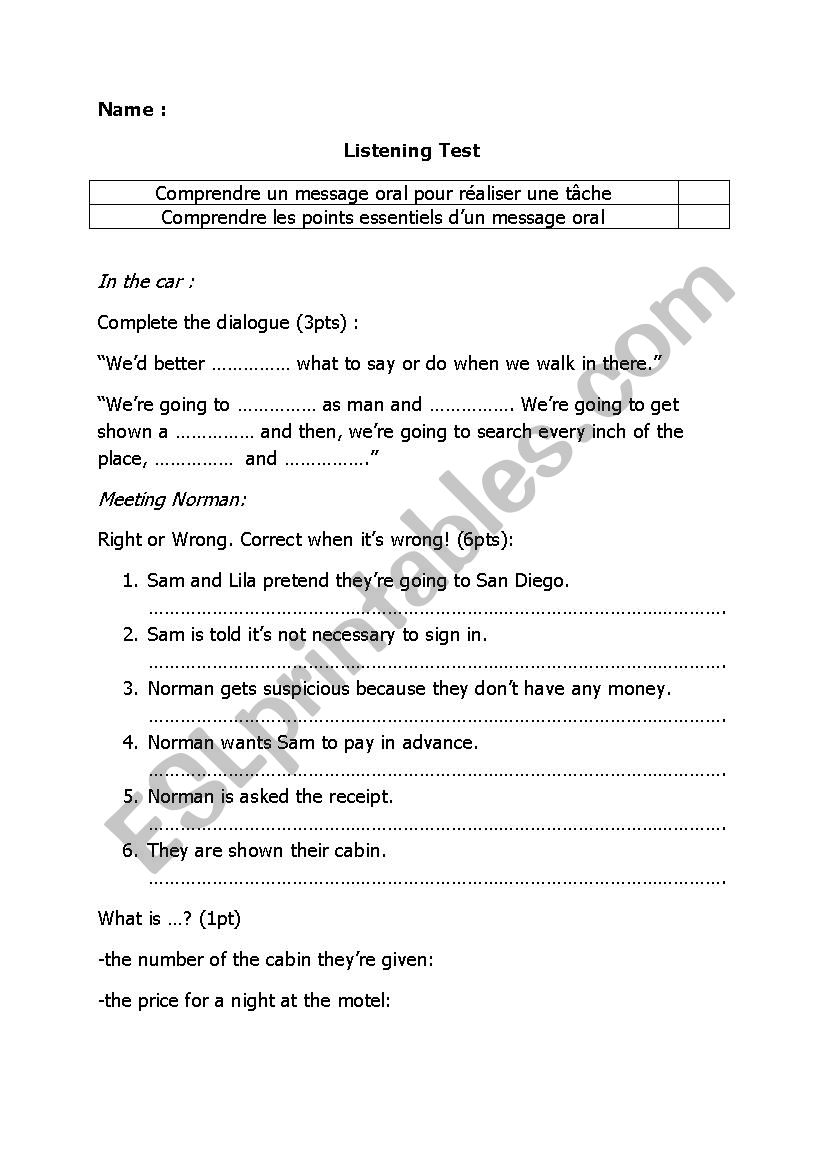 Listening Test Psycho worksheet