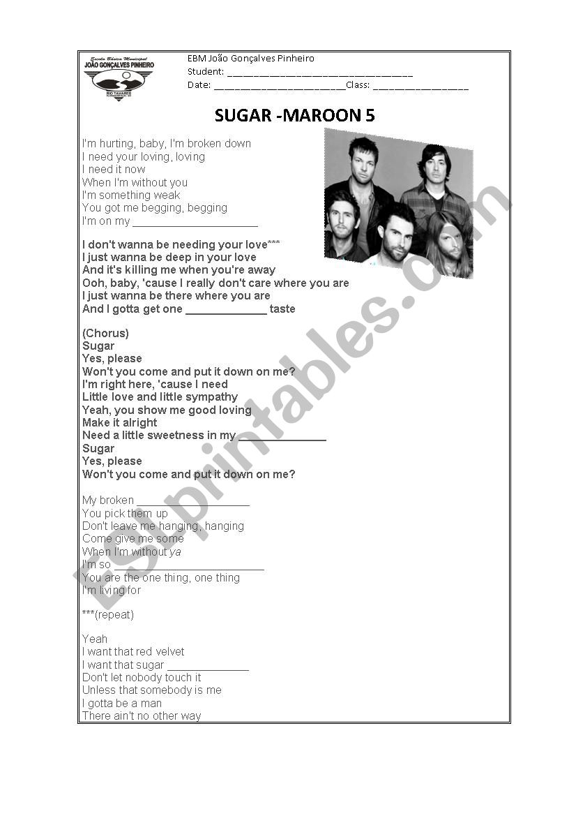 Song SUGAR - Maroon 5 worksheet