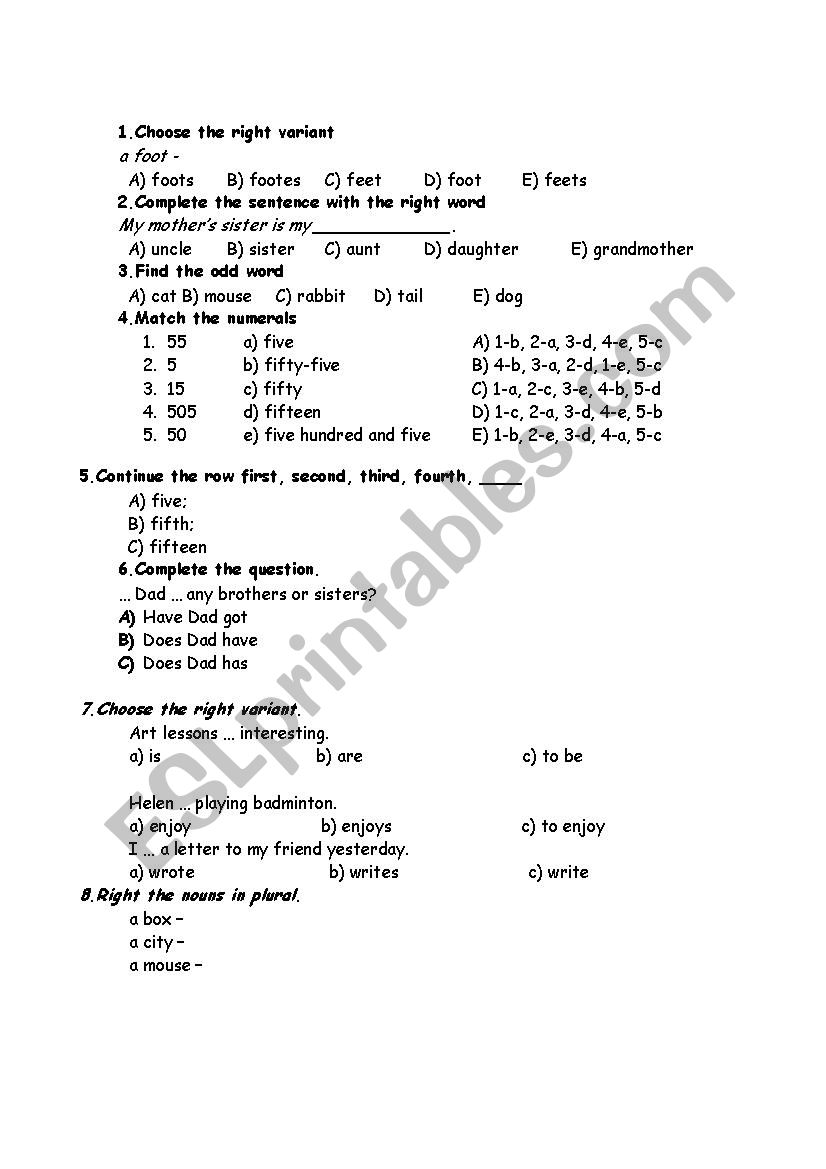 Grammar test worksheet