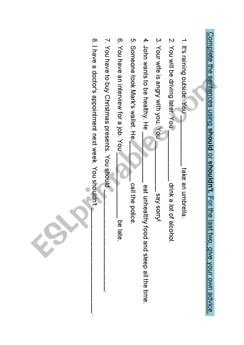 Should for Advice: Controlled Practice Activity 2